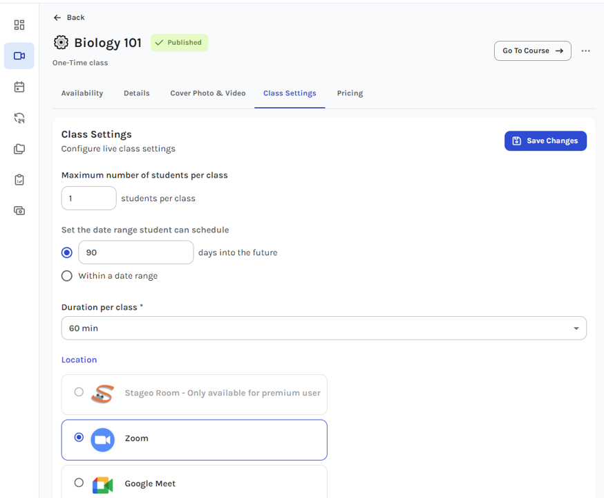Class settings page